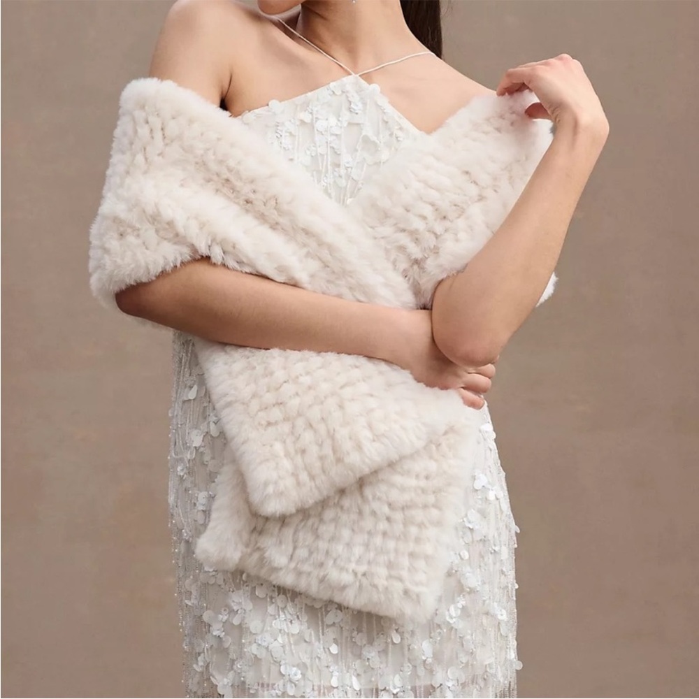 Anthropologie BHLDN Bubish Rome Faux Fur Wrap Scarf Cream Bridal Wedding Gala